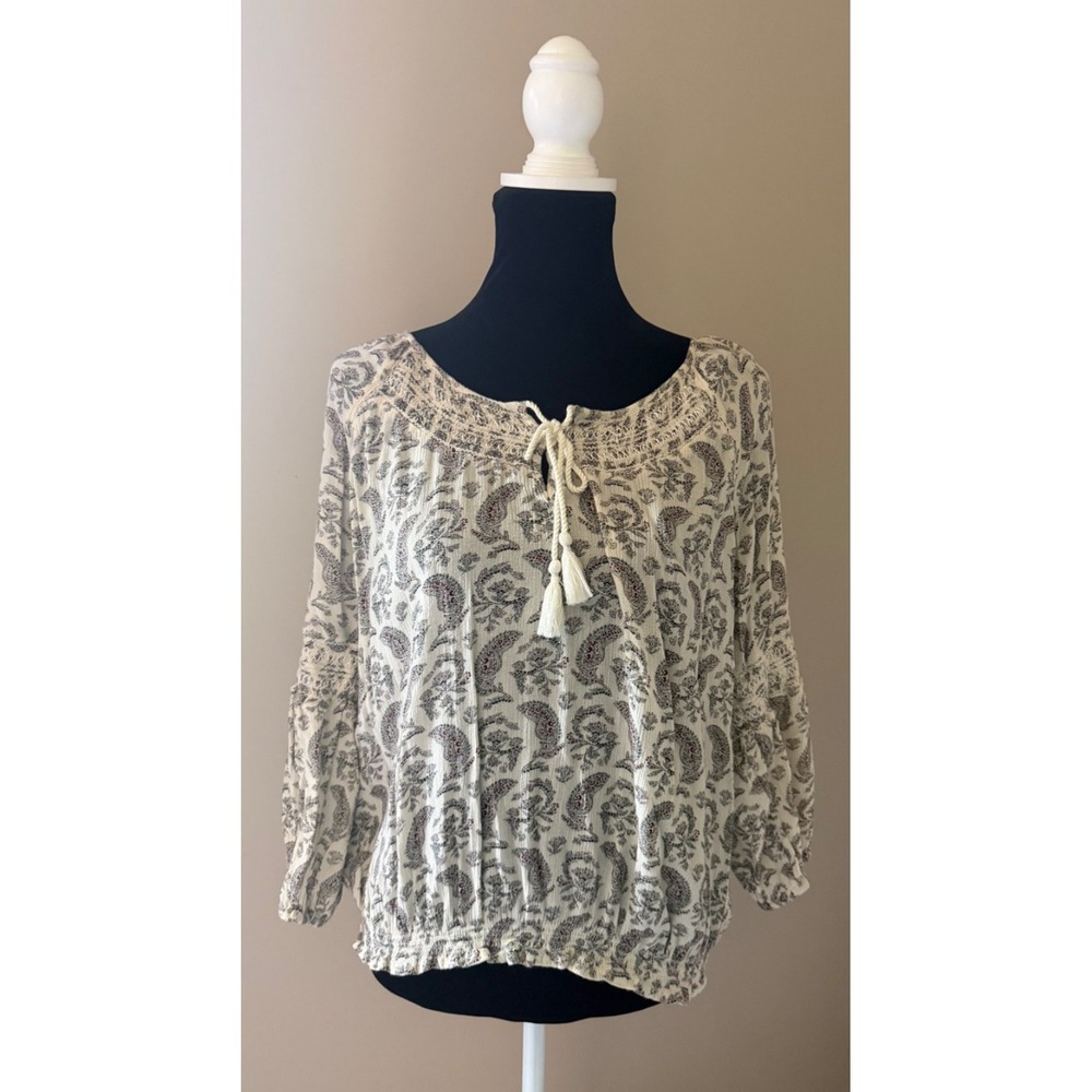 American Eagle Boho Paisley Peasant Blouse Large Tassel Tie 3/4 Sleeve Top